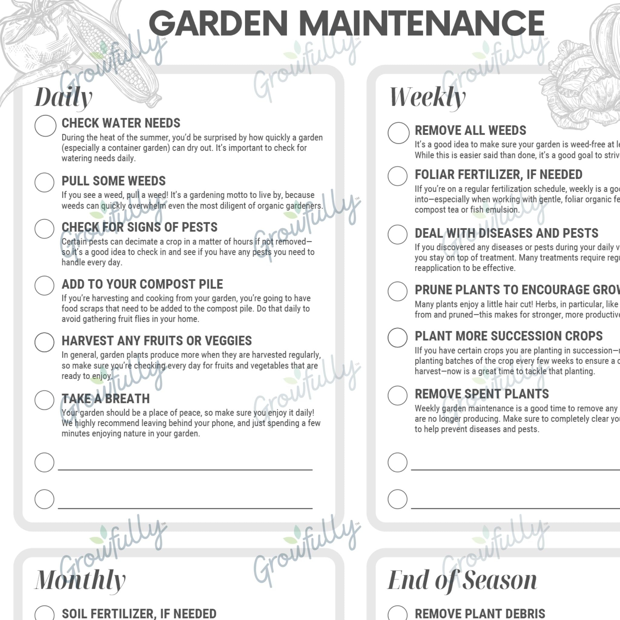 Close up showing the daily and weekly portions of the Garden Maintenance printable checklist.