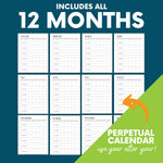 Load image into Gallery viewer, Includes all 12 months. A green box reads: &quot;Perpetual Calendar. Use Year after Year!&quot;
