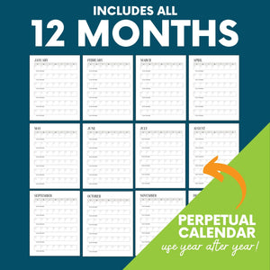 Includes all 12 months. A green box reads: "Perpetual Calendar. Use Year after Year!"