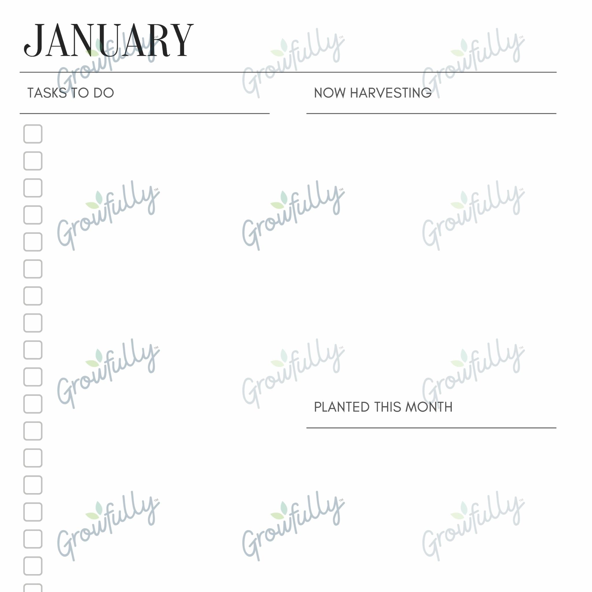 Close up of the monthly to-do list page, with sections for tasks to do, now harvesting, and planted this month