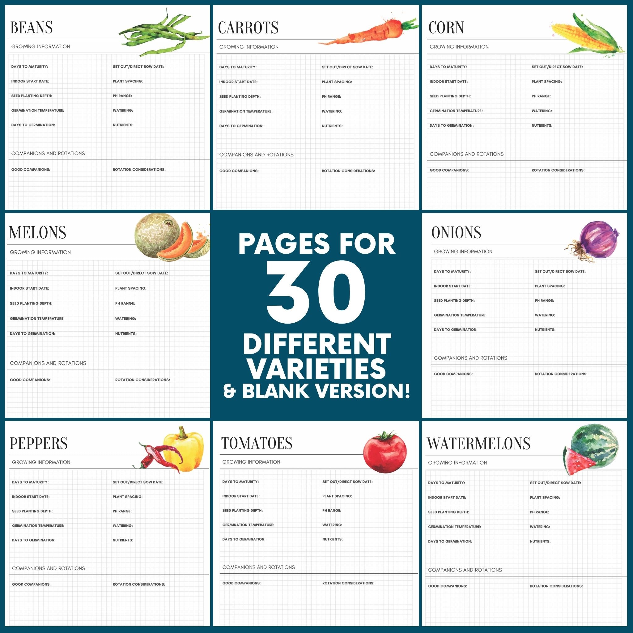 A grid shows samples of Growing Info printables for 8 different fruits and vegetables. The middle square reads "Pages for 30 Different Varieties & Blank Version!"