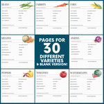 Load image into Gallery viewer, A grid shows samples of Growing Info printables for 8 different fruits and vegetables. The middle square reads &quot;Pages for 30 Different Varieties &amp; Blank Version!&quot;
