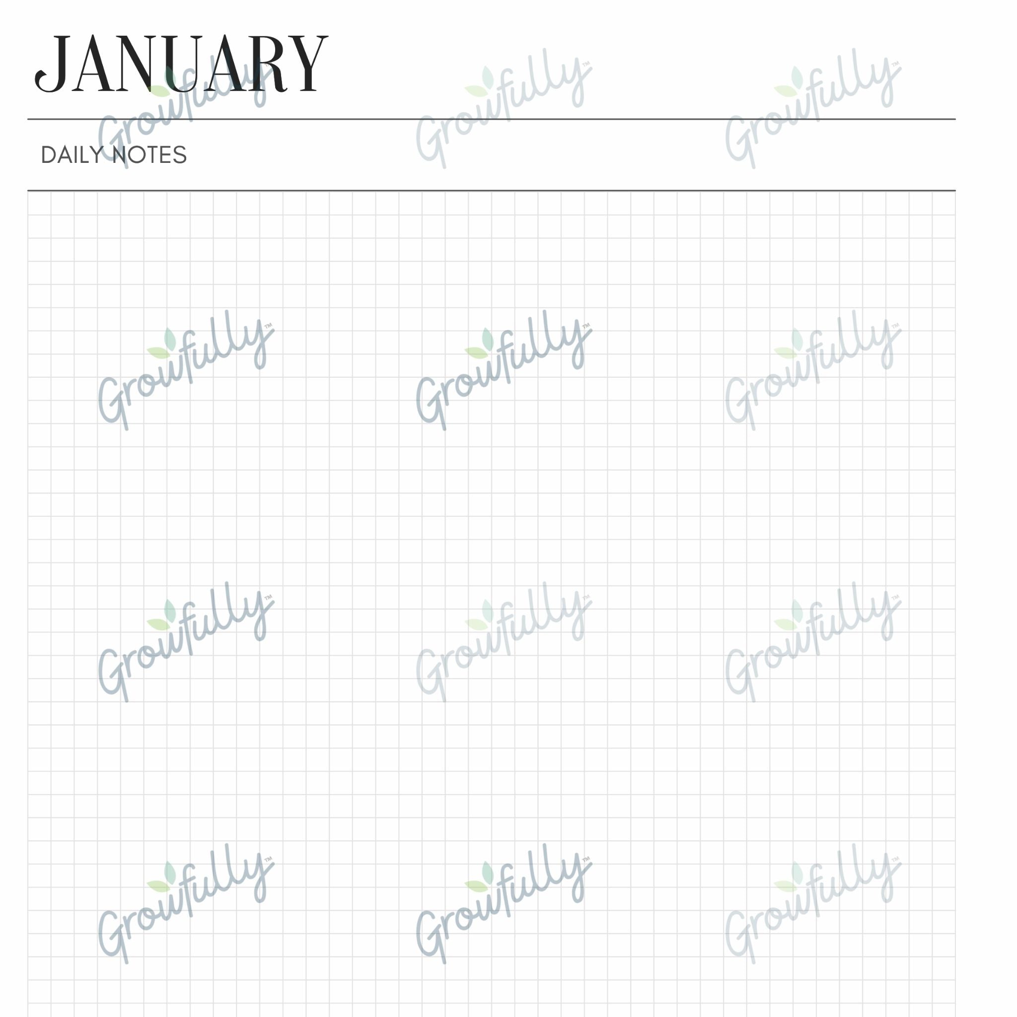 Close up of the daily notes page, which prints on grid paper