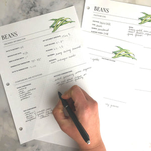 A hand fills in the growing information and cultivar log pages for Beans