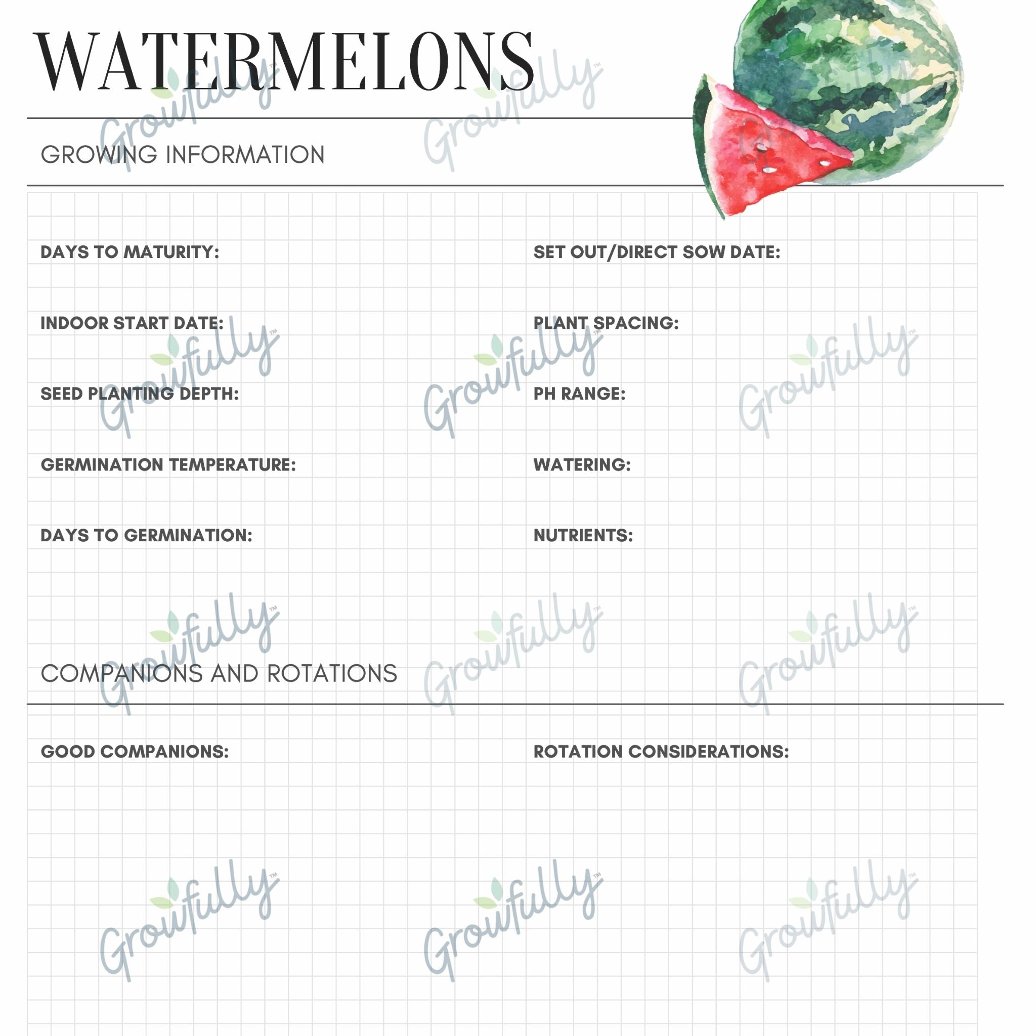 A sample of the Watermelons Growing Information printable page