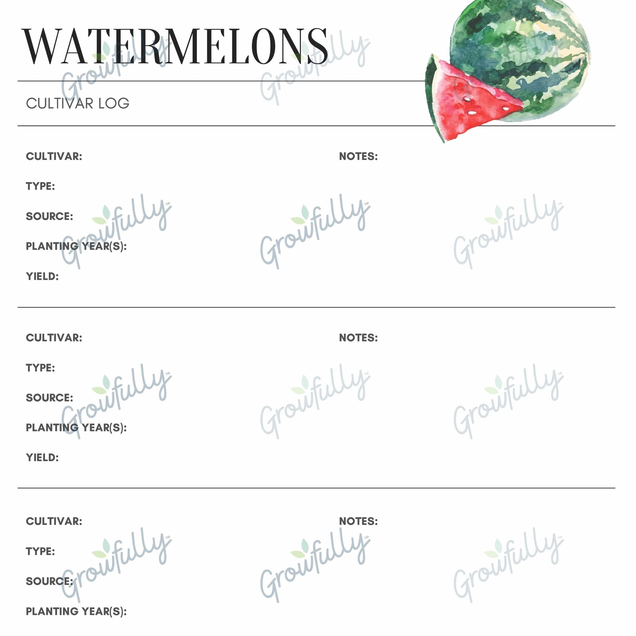 A sample of the Cultivar Log printable page for Watermelons
