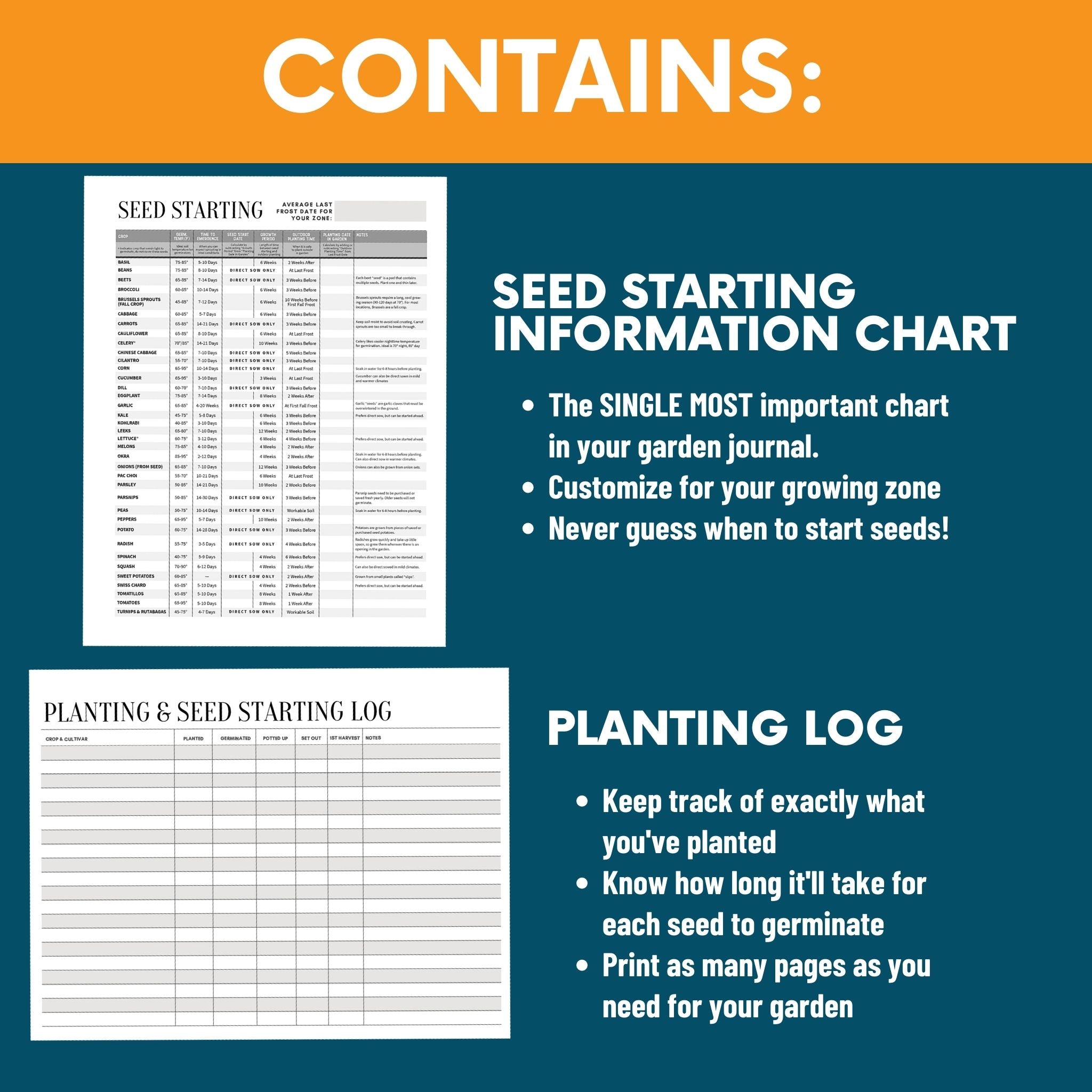 Contains: Seed Starting Information Chart (The SINGLE MOST important chart in your garden journal. Customize for your growing zone. Never guess when to start seeds!). Planting log (Keep track of exactly what you've planted. Know how long it'll take for each seed to germinate. Print as many pages as you need for your garden).