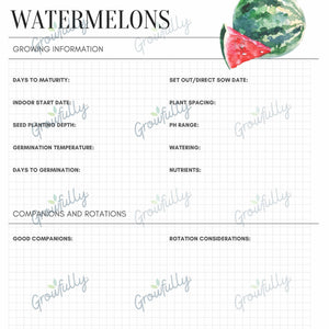 Sample of the growing information printable for Watermelons