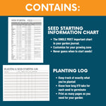 Load image into Gallery viewer, Contains: Seed Starting Information Chart (The SINGLE MOST important chart in your garden journal. Customize for your growing zone. Never guess when to start seeds!). Planting log (Keep track of exactly what you&#39;ve planted. Know how long it&#39;ll take for each seed to germinate. Print as many pages as you need for your garden).
