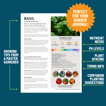 Load image into Gallery viewer, The basil growing guide is pictured on a blue background. An orange starburst with white text reads &quot;Perfect for your garden journal!&quot; The guide is marked up to show Growing Tips from a Master Gardener, Nutrient Needs, pH Levels, Plant Spacing, Timing Info, and Companion Planting Suggestions
