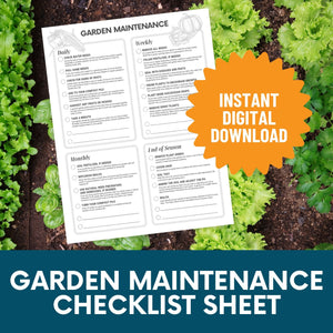 Garden Maintenance Checklist sales image, with an orange starburst that reads "instant digital download."