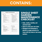 Load image into Gallery viewer, Details for the garden maintenance checklist. Text reads: &quot;Contains: Single Sheet Garden Maintenance Checklist. Daily, weekly, monthly, seasonal tasks. Space to write your own tasks. Designed to be laminated or placed in a page protector for reuse with dry erase or wet erase markers.&quot;

